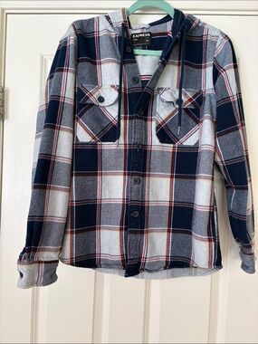 Express Navy, grey & Red Plaid Hooded flannel